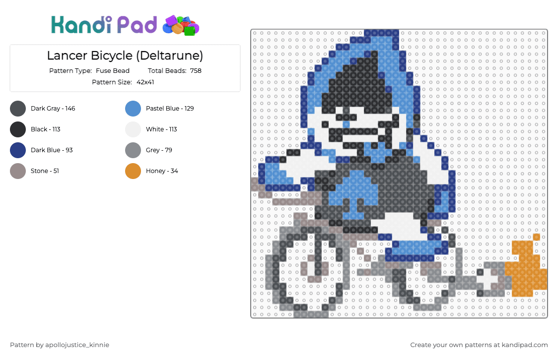 Lancer Bicycle (Deltarune) - Fuse Bead Pattern by apollojustice_kinnie on Kandi Pad - character, deltarune, gray, lancer, lancer deltarune, light blue, perler bead, video game