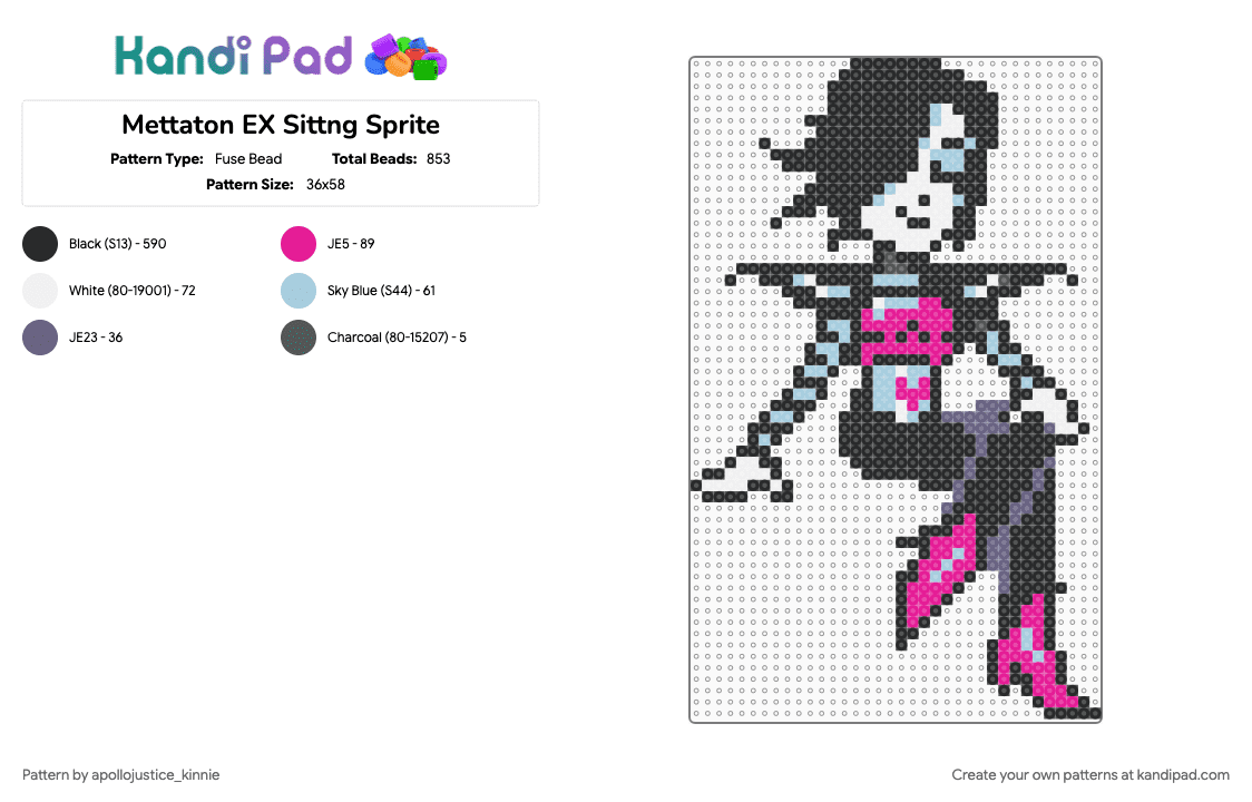 Mettaton EX Sittng Sprite - Fuse Bead Pattern by apollojustice_kinnie on Kandi Pad - black, light blue, pink