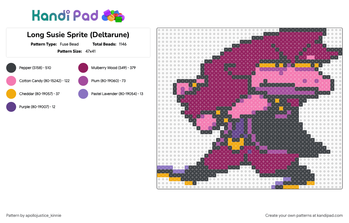 Long Susie Sprite (Deltarune) - Fuse Bead Pattern by apollojustice_kinnie on Kandi Pad - deltarune, perler bead, pink, susie deltarune, susie sprite, video game, video game character