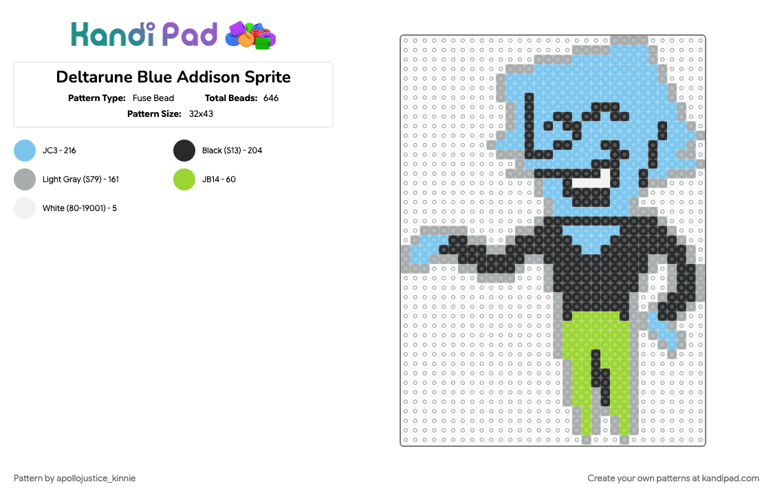 Deltarune Blue Addison Sprite - Fuse Bead Pattern by apollojustice_kinnie on Kandi Pad - character, deltarune, deltarune addison, deltarune blue addison, gray, light blue, perler bead, video game