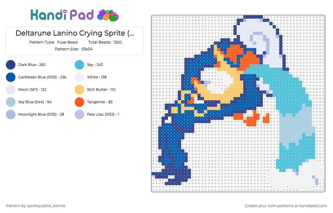 Lanino Crying Sprite (Deltarune) - Fuse Bead Pattern by apollojustice_kinnie on Kandi Pad - blue, character, deltarune, deltarune sprite, lanino, light blue, perler bead, video game