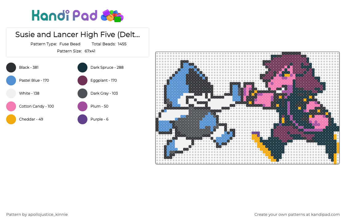 Susie and Lancer High Five (Deltarune) - Fuse Bead Pattern by apollojustice_kinnie on Kandi Pad - black, character, deltarune, lancer deltarune, light blue, perler bead, pink, susie deltarune, video game