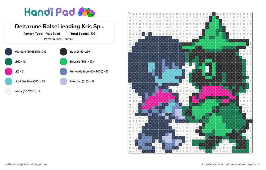 Deltarune Ralsei leading Kris Sprite - Fuse Bead Pattern by apollojustice_kinnie on Kandi Pad - green, purple, teal