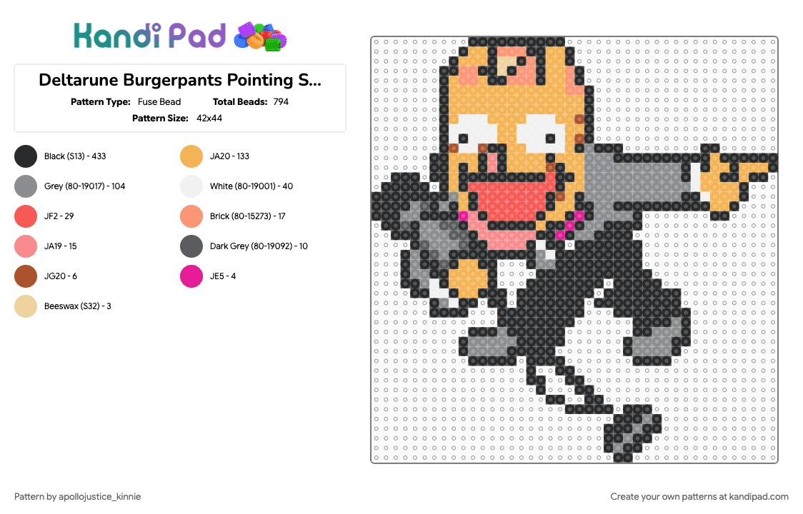Deltarune Burgerpants Pointing Sprite - Fuse Bead Pattern by apollojustice_kinnie on Kandi Pad - black, gray, orange