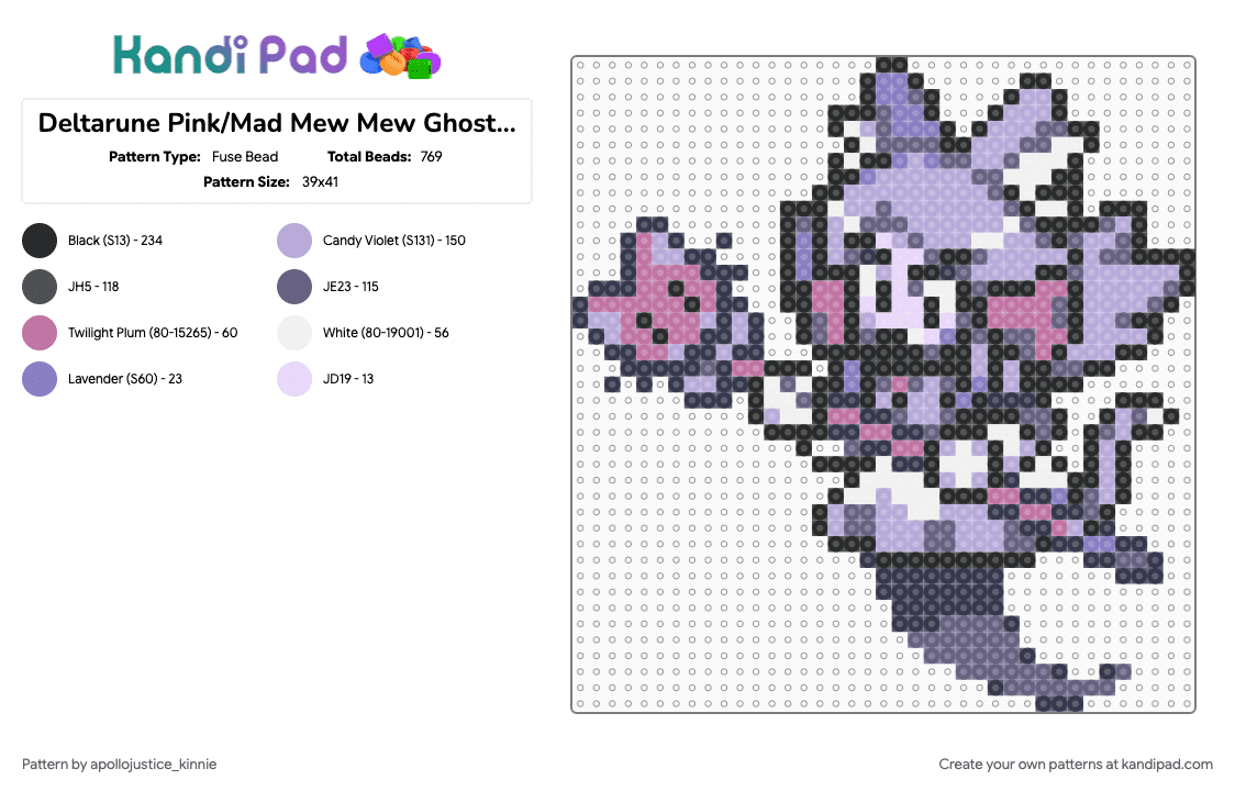 Deltarune Pink/Mad Mew Mew Ghost Sprite - Fuse Bead Pattern by apollojustice_kinnie on Kandi Pad - character, deltarune, deltarune mad mew mew, deltarune sprite, perler beads, pink, video game
