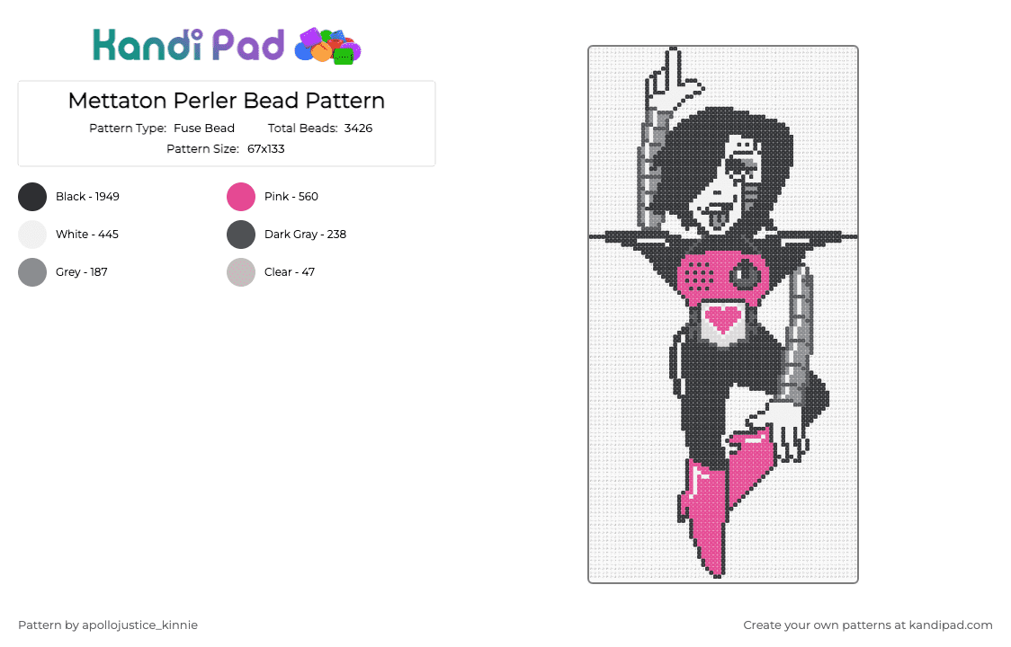 Mettaton Perler Bead Pattern - Fuse Bead Pattern by apollojustice_kinnie on Kandi Pad - black, gray, pink