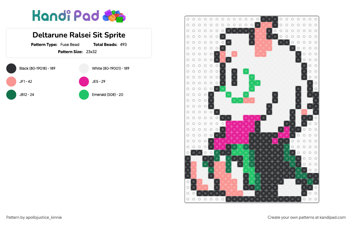 Deltarune Ralsei Sit Sprite - Fuse Bead Pattern by apollojustice_kinnie on Kandi Pad - beige, pink, white