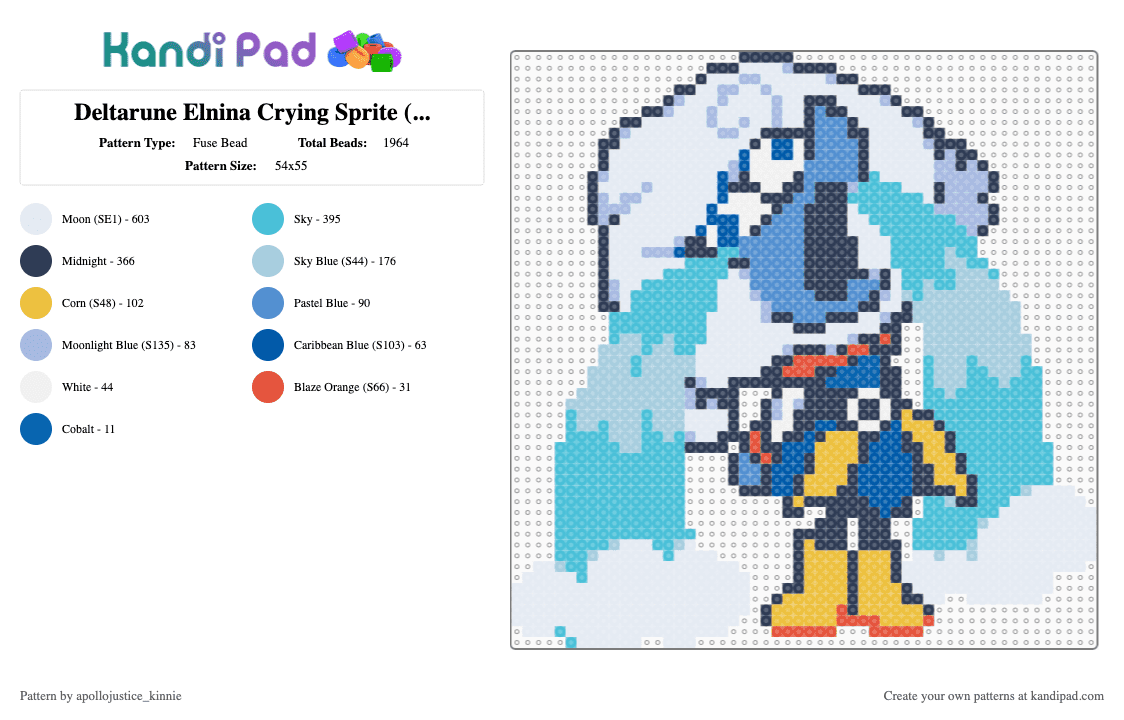 Elnina Crying Sprite (Deltarune) - Fuse Bead Pattern by apollojustice_kinnie on Kandi Pad - character, deltarune, deltarune sprite, elnina, light blue, perler bead, purple, video game