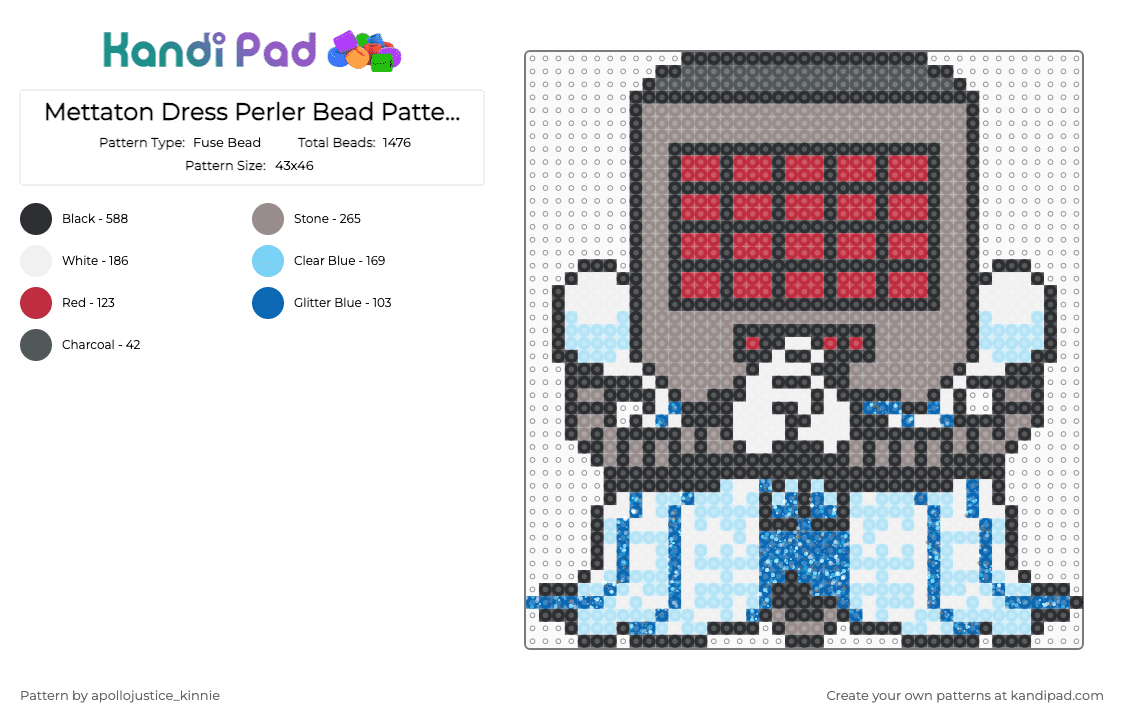 Mettaton Dress Perler Bead Pattern (Undertale) - Fuse Bead Pattern by apollojustice_kinnie on Kandi Pad - light blue,gray,perler bead,undertale,mettaton,video game,character
