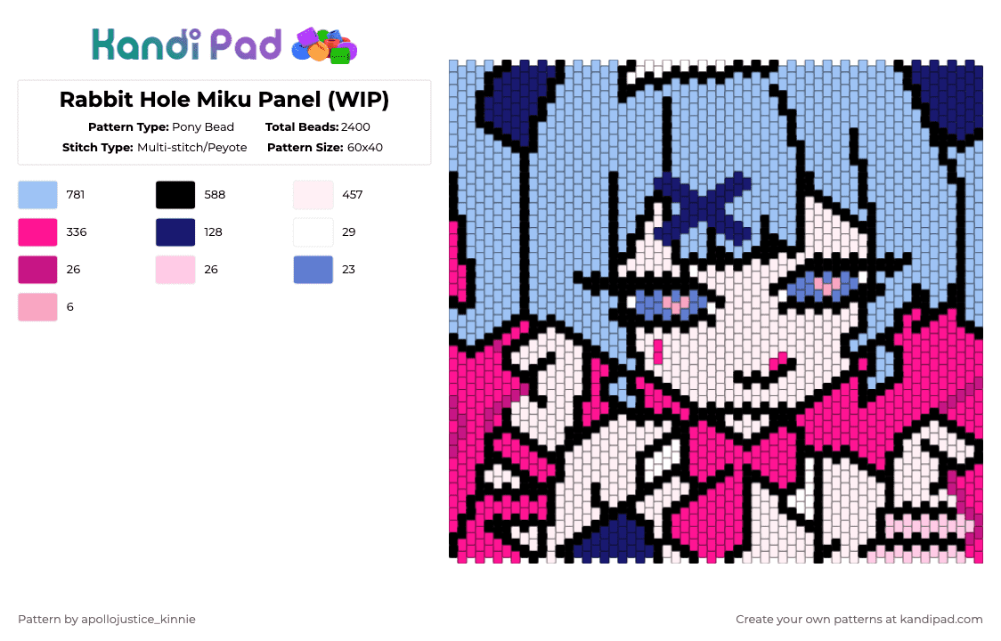 Rabbit Hole Miku Panel (WIP) - Pony Bead Pattern by apollojustice_kinnie on Kandi Pad - light blue,pink