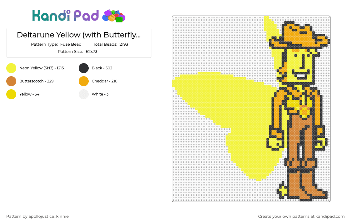 Deltarune Yellow (with Butterfly Wings) - Fuse Bead Pattern by apollojustice_kinnie on Kandi Pad - yellow,orange,deltarune,deltarune yellow,yellow deltarune,deltarune chapter 5,video game character,perler bead,video game,character