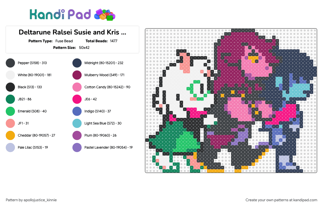 Deltarune Ralsei Susie and Kris Sneak Sprite - Fuse Bead Pattern by apollojustice_kinnie on Kandi Pad - pink, purple