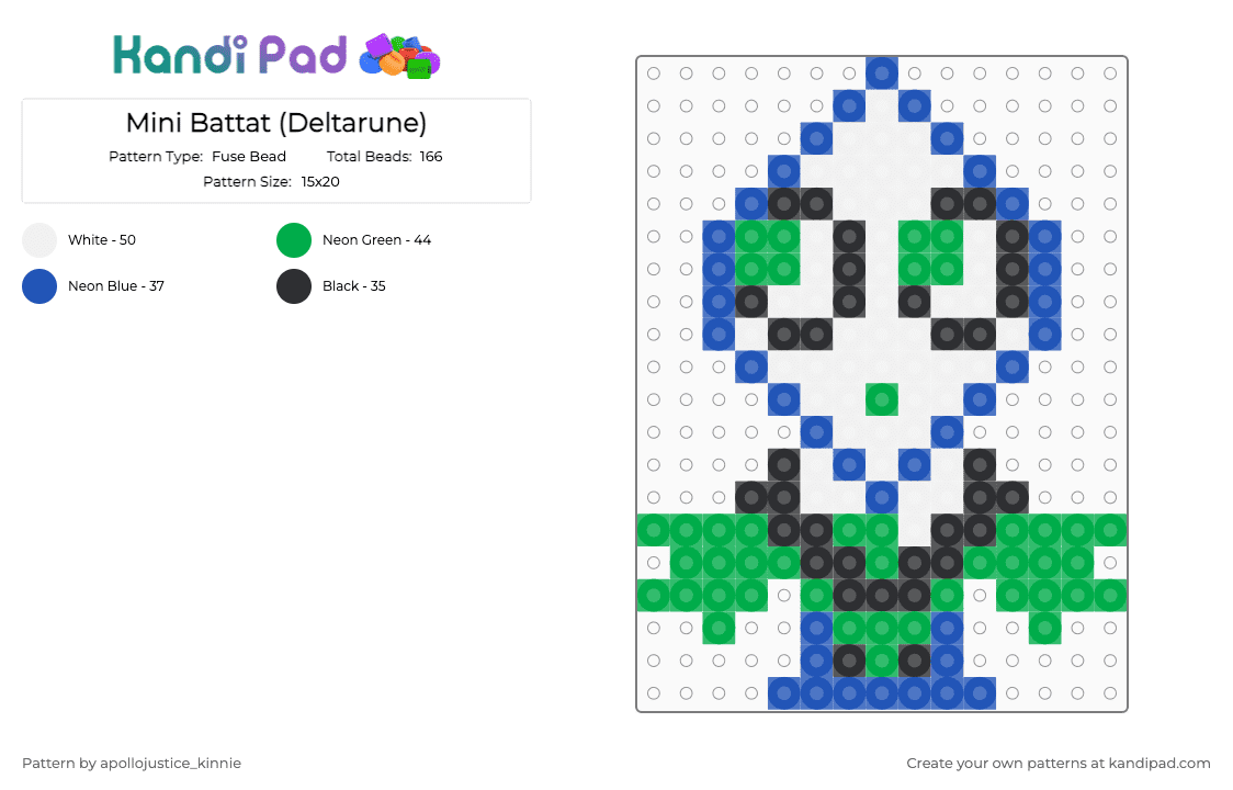 Mini Battat (Deltarune) - Fuse Bead Pattern by apollojustice_kinnie on Kandi Pad - battat, battat deltarune, blue, deltarune, green, perler bead, video game, video game character