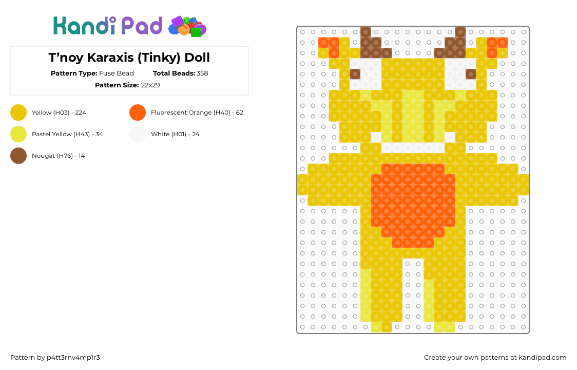 T’noy Karaxis (Tinky) Doll - Fuse Bead Pattern by p4tt3rnv4mp1r3 on Kandi Pad - yellow,starkid,the lords in black,hatchetfield,hatchetverse,tinky,tnoy karaxis,fuse bead pattern