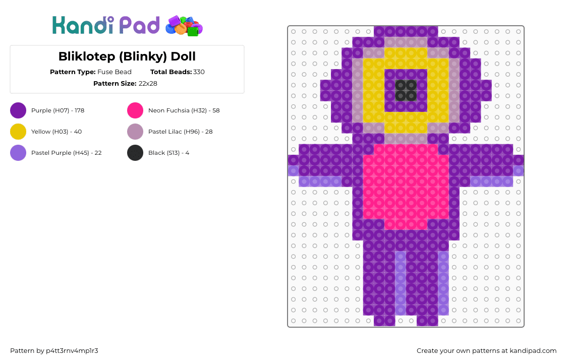 Bliklotep (Blinky) Doll - Fuse Bead Pattern by p4tt3rnv4mp1r3 on Kandi Pad - purple,bliklotep,blinky,starkid,hatchetfield,hatchetverse,lords in black