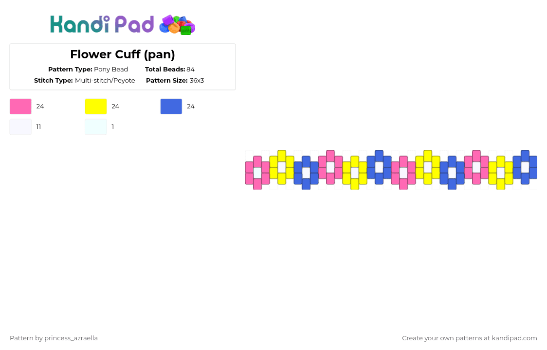 Flower Cuff (pan) - Pony Bead Pattern by princess_azraella on Kandi Pad - pink,yellow,blue