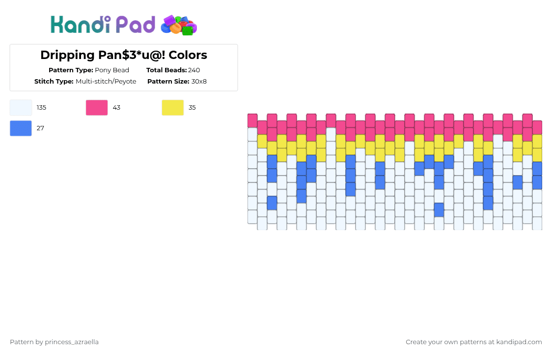 Dripping Pan$3*u@! Colors - Pony Bead Pattern by princess_azraella on Kandi Pad - white,yellow,pink,pride month,pan