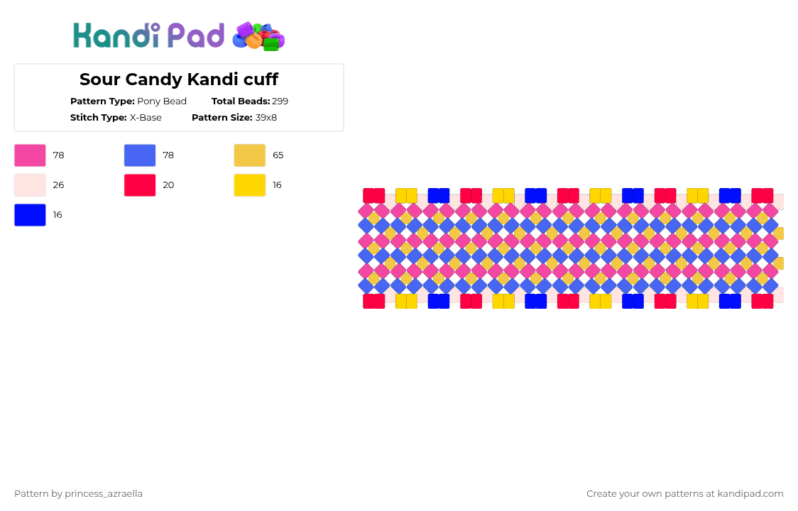 Pan Sour Candy Kandi cuff - Pony Bead Pattern by princess_azraella on Kandi Pad - pink,yellow,blue,cotdsour