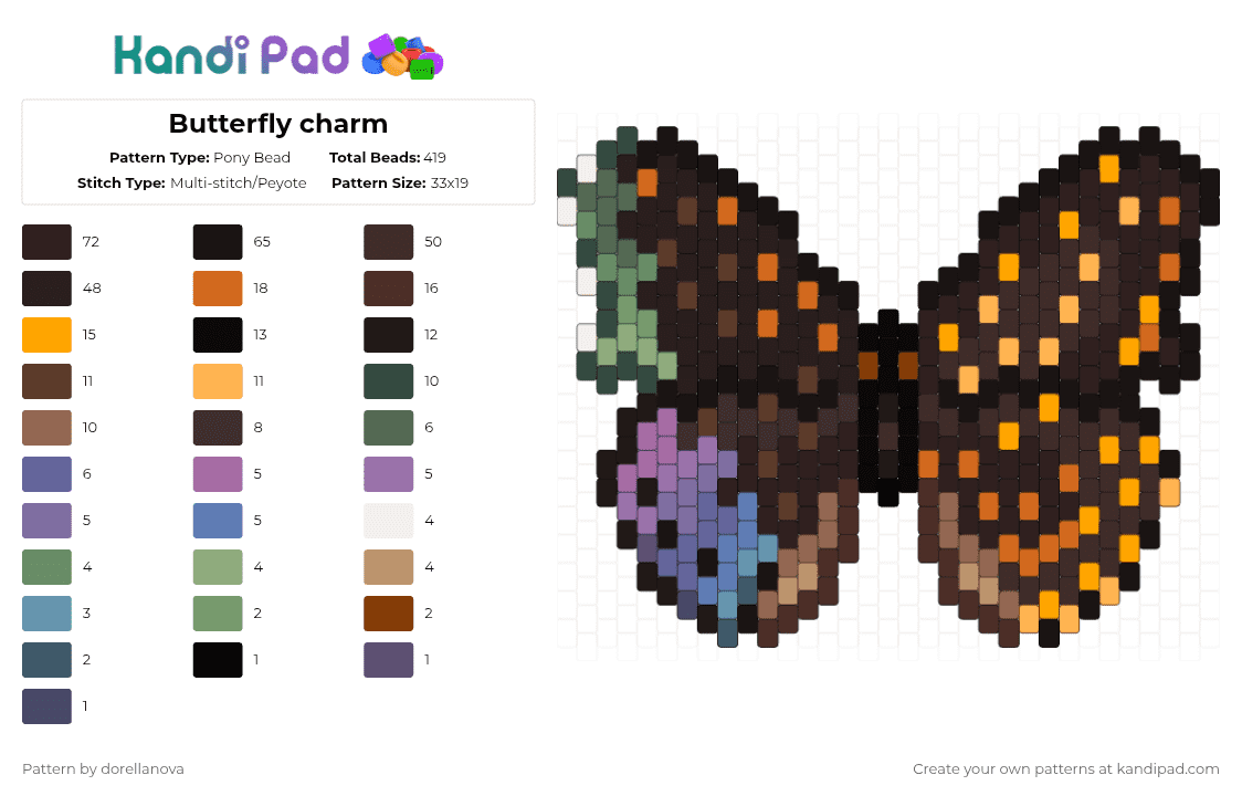 Butterfly charm - Pony Bead Pattern by dorellanova on Kandi Pad - orange,brown,charm,rainbow,animal,butterfly