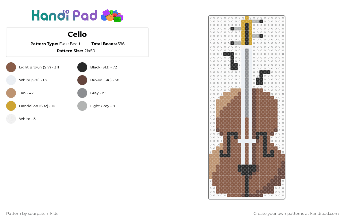 Cello - Fuse Bead Pattern by sourpatch_klds on Kandi Pad - cello,instrument,orchestra,violin,music,tan,guitar,chello