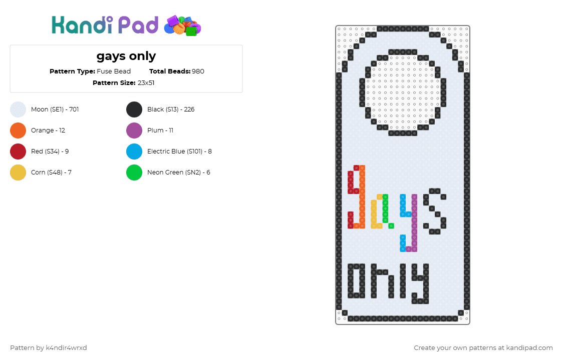 gays only - Fuse Bead Pattern by k4ndir4wrxd on Kandi Pad - white,red,orange,pink,pride,rainbow,black