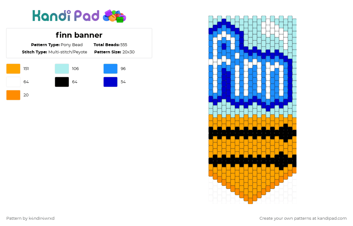 finn banner - Pony Bead Pattern by k4ndir4wrxd on Kandi Pad - orange,light blue,dandys world,blue,white,black