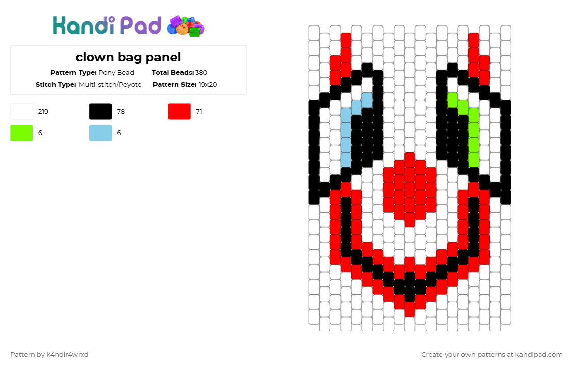 clown bag panel - Pony Bead Pattern by k4ndir4wrxd on Kandi Pad - white,red,clown,black,blue,green