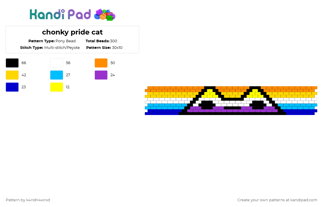 chonky pride cat - Pony Bead Pattern by k4ndir4wrxd on Kandi Pad - purple,yellow,orange,pride,white,black,blue
