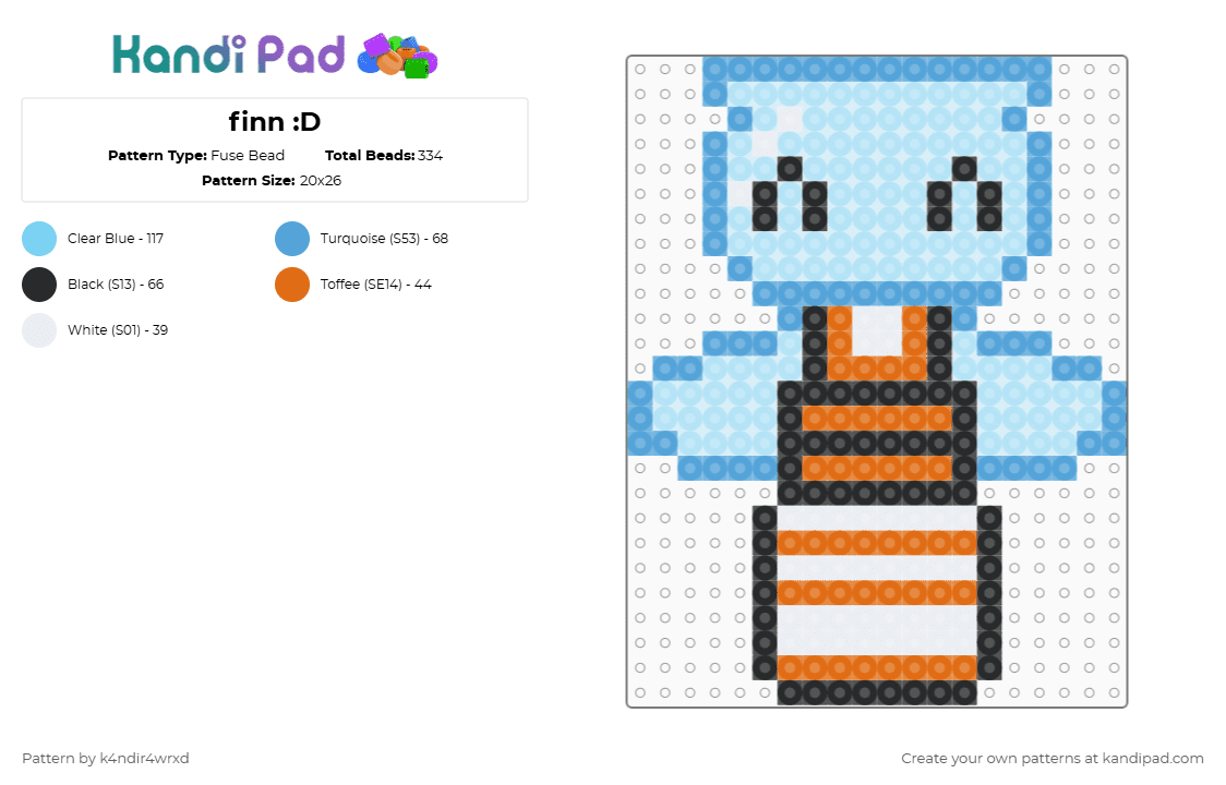 finn :D - Fuse Bead Pattern by k4ndir4wrxd on Kandi Pad - light blue,dandys world,blue,clear,orange,white,black