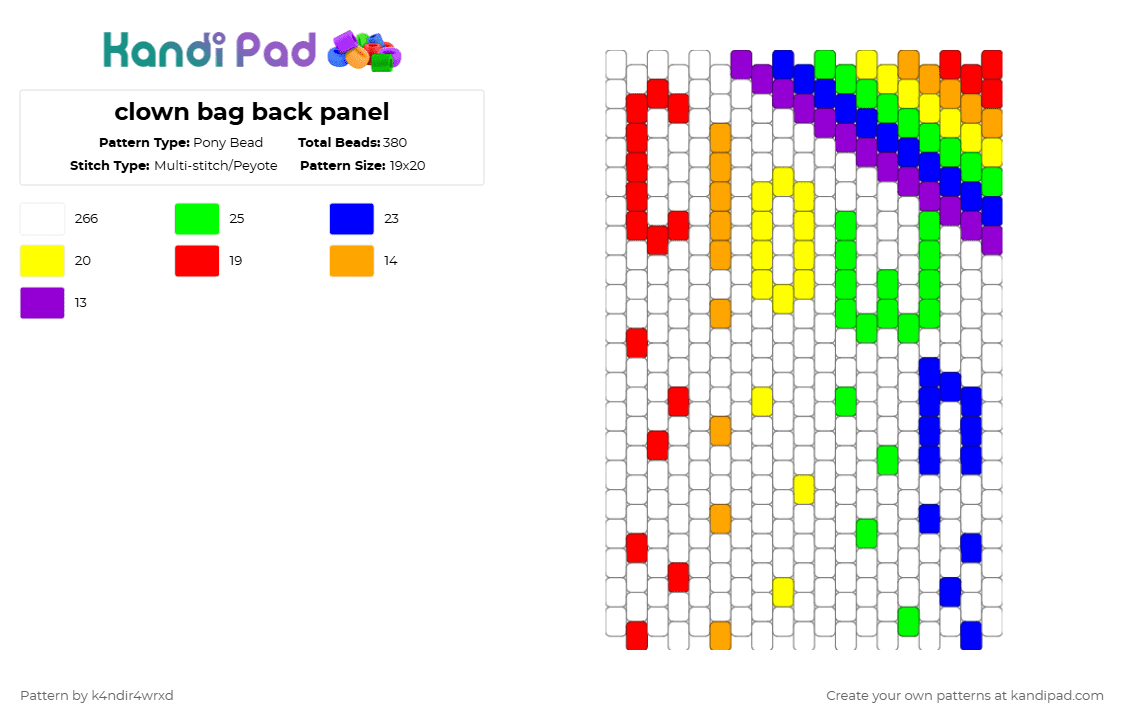 clown bag back panel - Pony Bead Pattern by k4ndir4wrxd on Kandi Pad - white,purple,green,clown,rainbow
