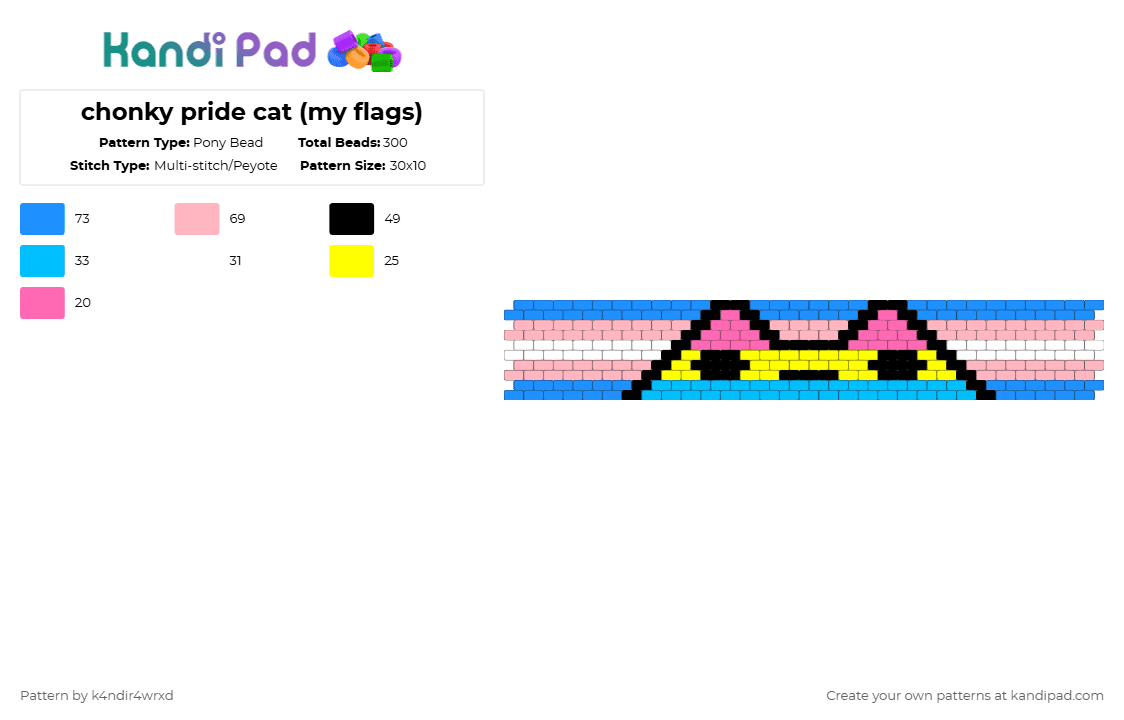 chonky pride cat (my flags) - Pony Bead Pattern by k4ndir4wrxd on Kandi Pad - pink,light blue,pride,cat,blue,white,yellow
