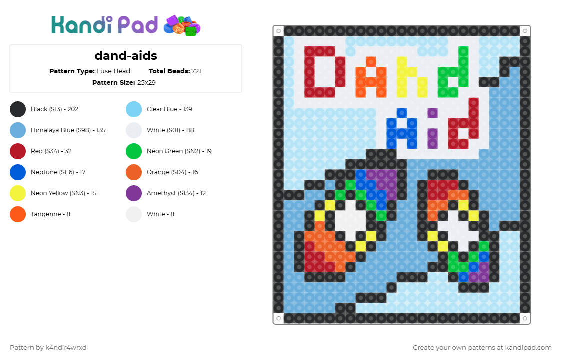dand-aids - Fuse Bead Pattern by k4ndir4wrxd on Kandi Pad - light blue,dandys world,rainbow,blue,black