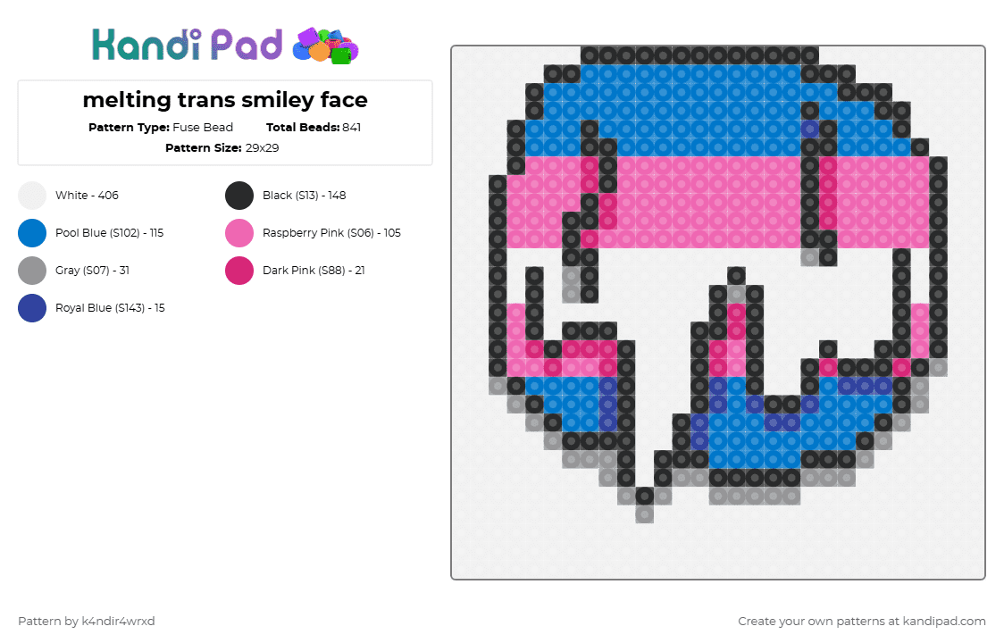 melting trans smiley face - Fuse Bead Pattern by k4ndir4wrxd on Kandi Pad - white,pink,blue,pride,smiley face,melting,black
