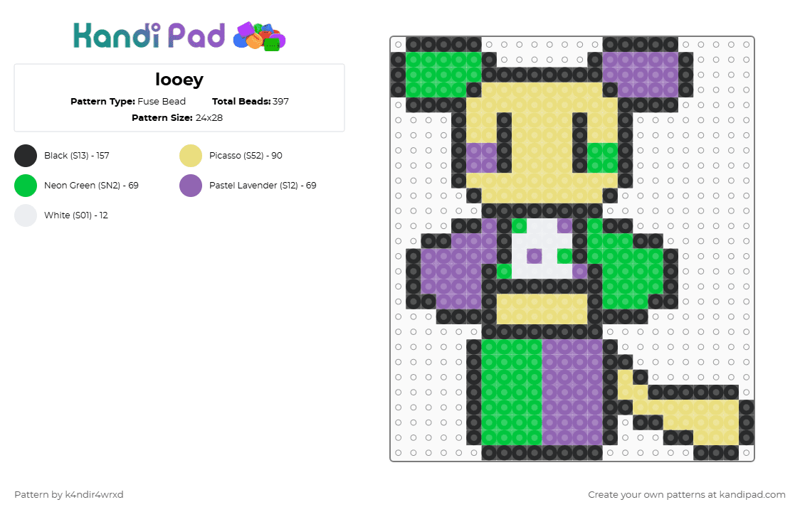 looey - Fuse Bead Pattern by k4ndir4wrxd on Kandi Pad - yellow,dandys world,green,purple,tan,white,black