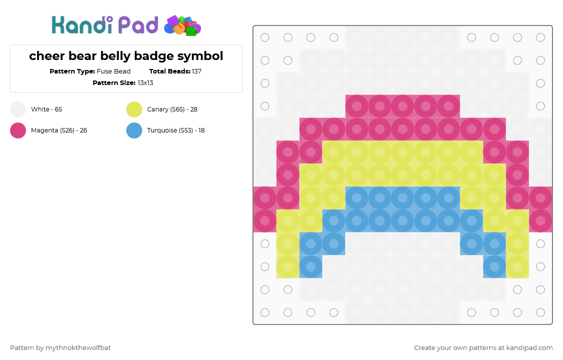 cheer bear belly badge symbol - Fuse Bead Pattern by mythnokthewolfbat on Kandi Pad - cheer bear,charm,simple,badge,bear,animal,symbol,colorful,pink,yellow,care bears,care bear,rainbow