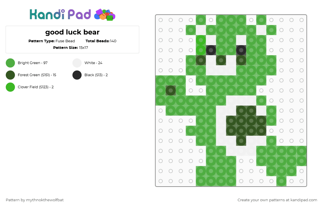 good luck bear - Fuse Bead Pattern by mythnokthewolfbat on Kandi Pad - good luck bear,character,simple,bear,animal,green,care bears,care bear,clover,four leaf clover,good luck