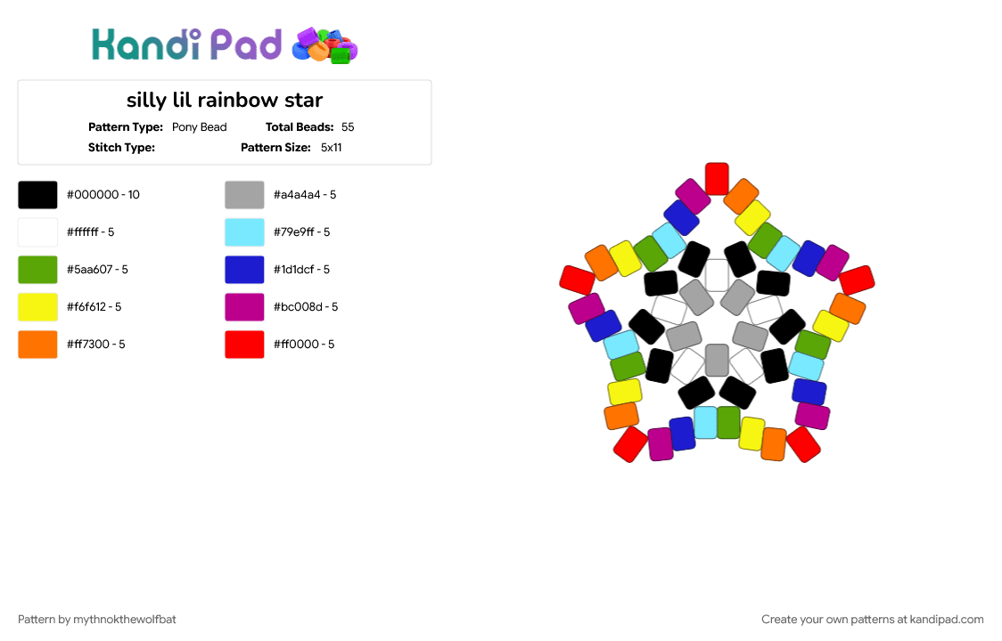silly lil rainbow star - Pony Bead Pattern by mythnokthewolfbat on Kandi Pad - colorful, light blue, pink, purple, red
