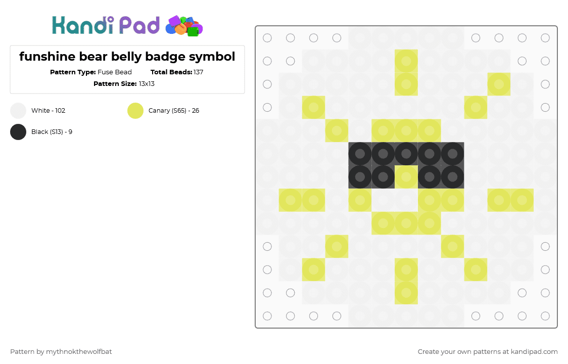 funshine bear belly badge symbol - Fuse Bead Pattern by mythnokthewolfbat on Kandi Pad - funshine bear,carebears,badge,simple,charm,bear,animal,cartoon,white,care bears,care bear,sun,sunshine