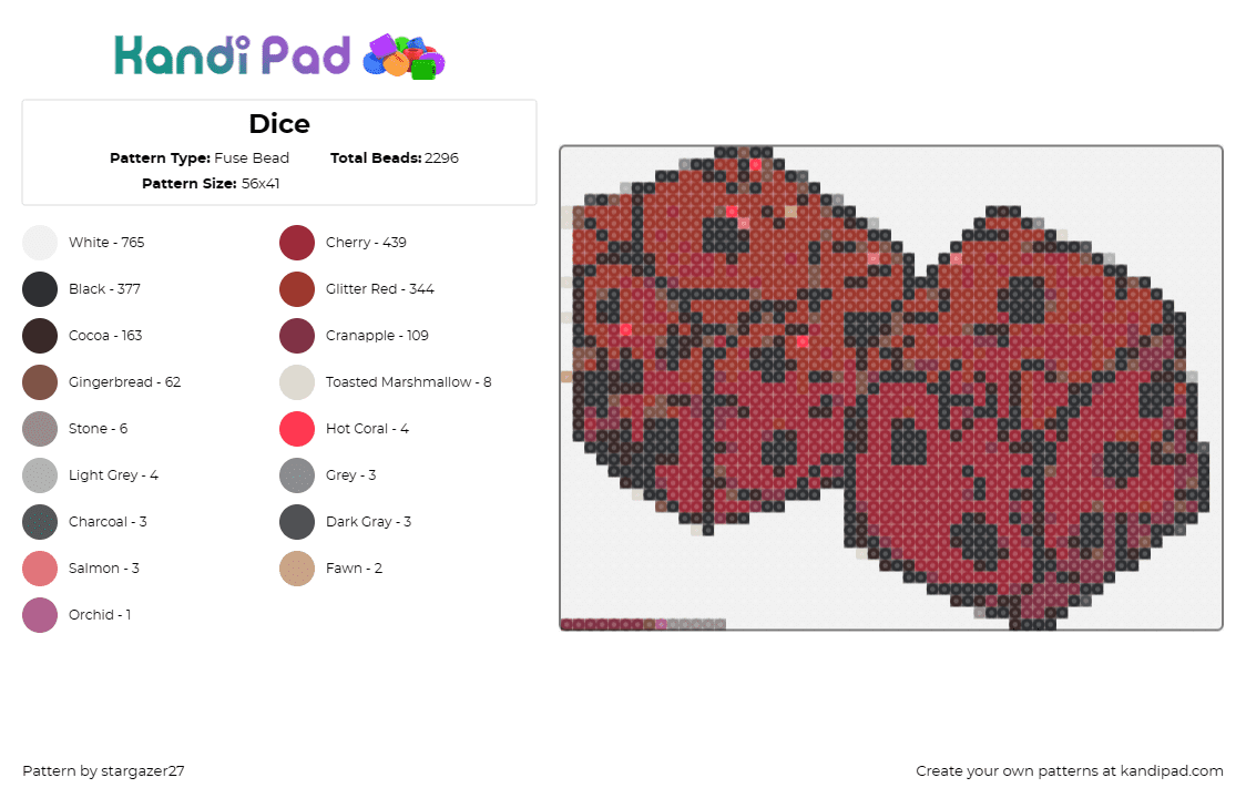 Dice - Fuse Bead Pattern by stargazer27 on Kandi Pad - dice,gaming,luck,chance,board games,casino,tabletop,red