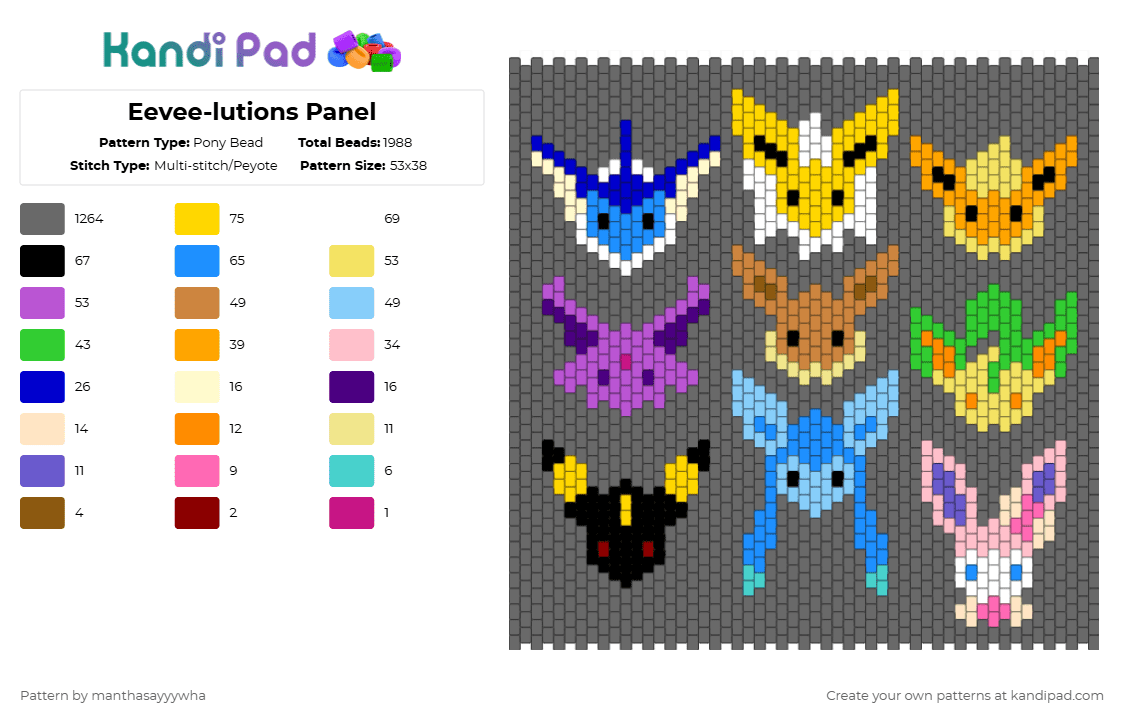 Eevee-lutions Panel - Pony Bead Pattern by manthasayyywha on Kandi Pad - yellow,gray