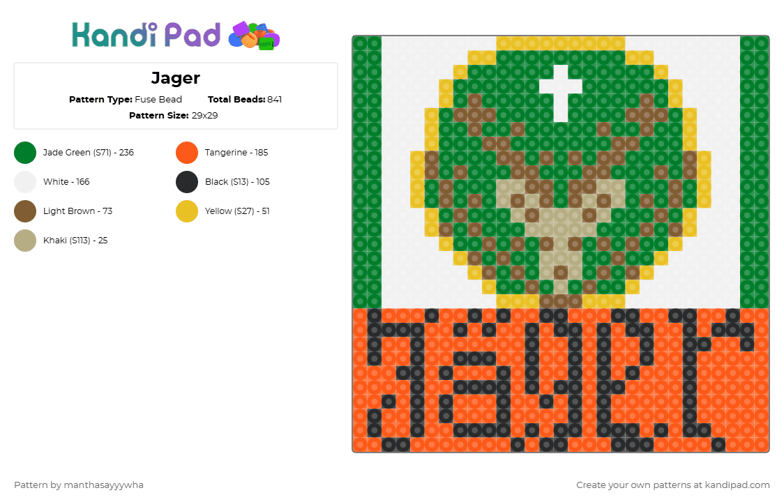 Jager - Fuse Bead Pattern by manthasayyywha on Kandi Pad - green,orange