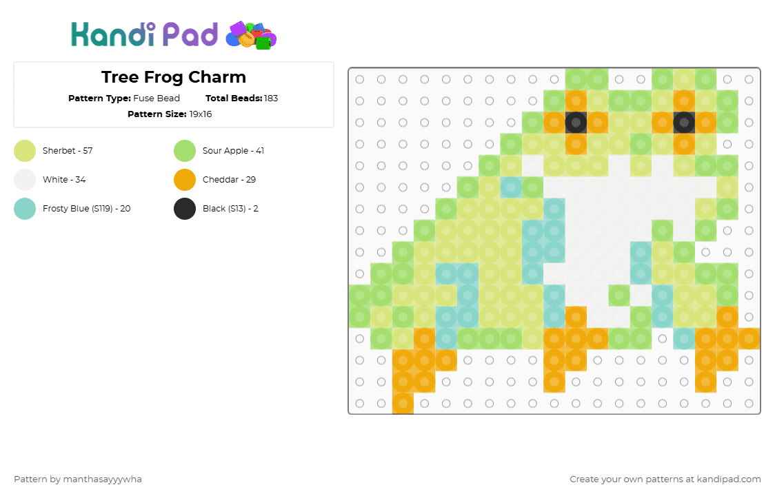 Tree Frog Charm - Fuse Bead Pattern by manthasayyywha on Kandi Pad - yellow,green