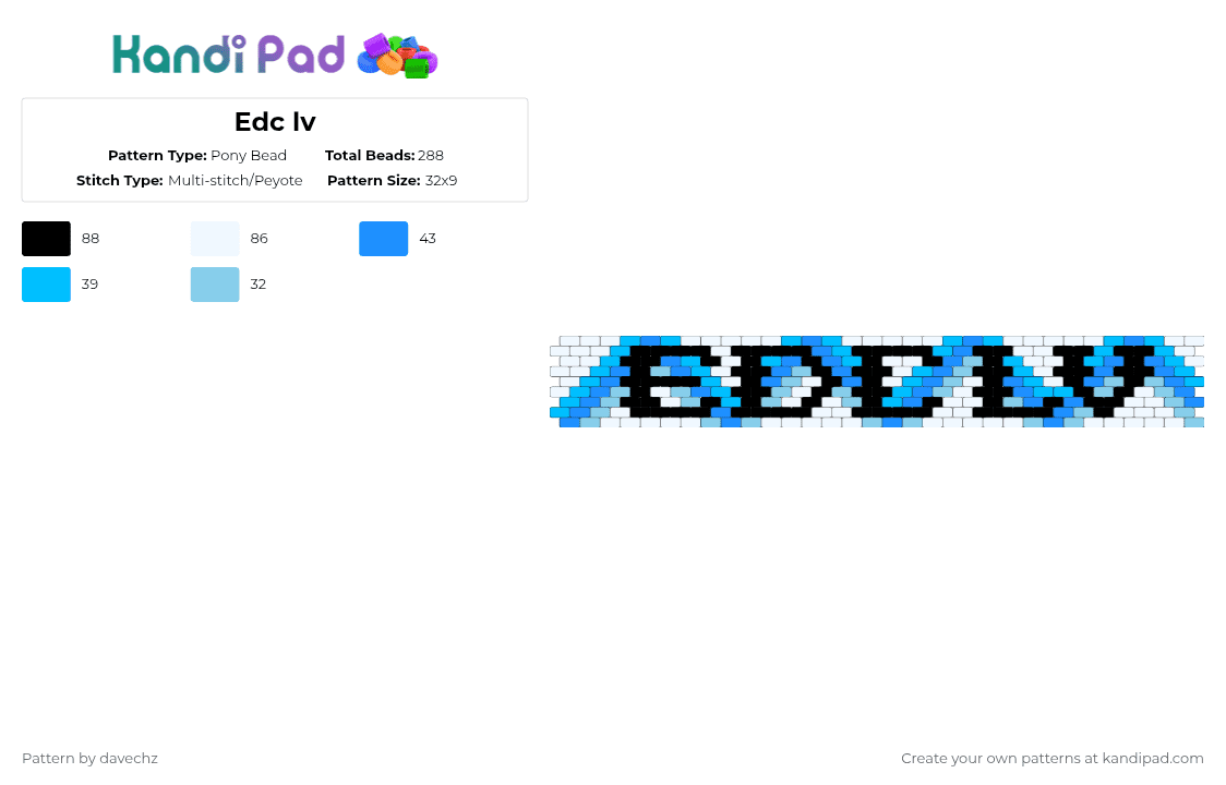 Edc lv - Pony Bead Pattern by davechz on Kandi Pad - edc,text,cuff,festival,lv,light blue,white,edc lv,bag,travel bag,louis vuitton