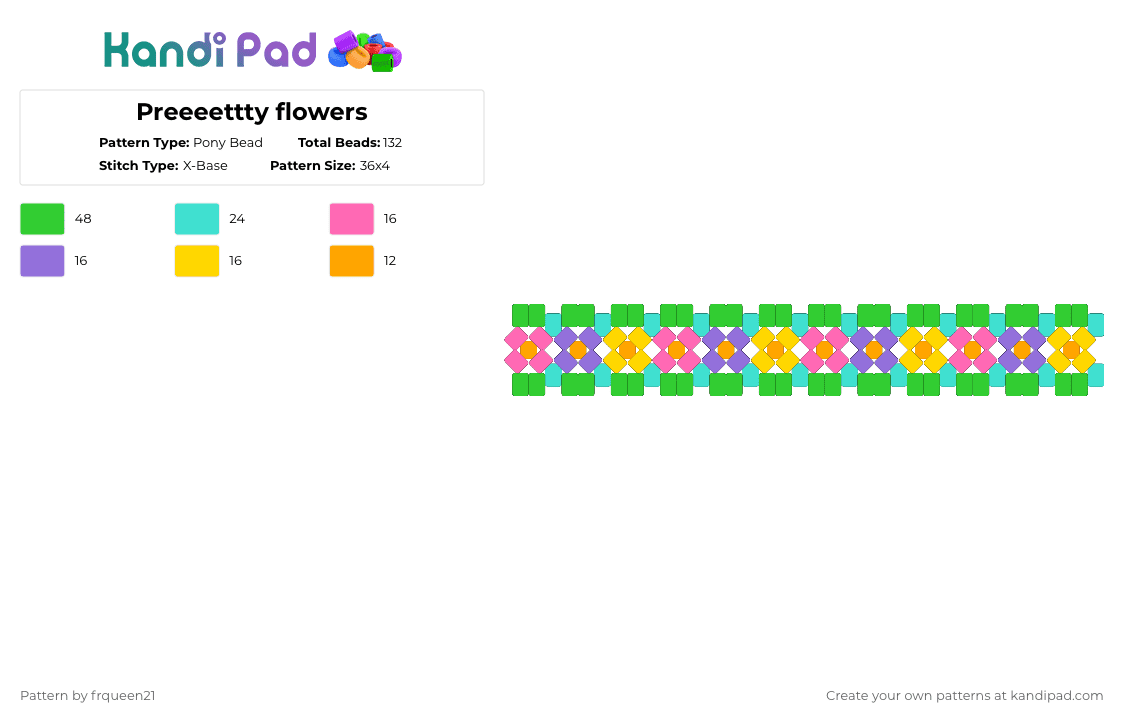 Preeeettty flowers - Pony Bead Pattern by frqueen21 on Kandi Pad - spring,flowers,xbase,cuff,nature,light blue,green