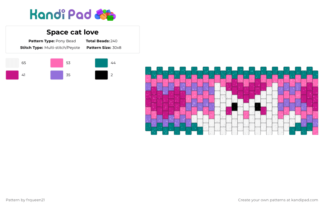 Space cat love - Pony Bead Pattern by frqueen21 on Kandi Pad - cat,hearts,love,cuff,stripes,space,animal,scifi,glitter,pink