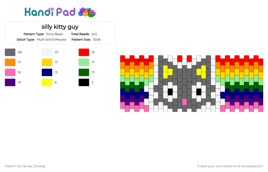 silly kitty guy - Pony Bead Pattern by harvey_thedog on Kandi Pad - gray,yellow,purple,cat,kitty,rainbow