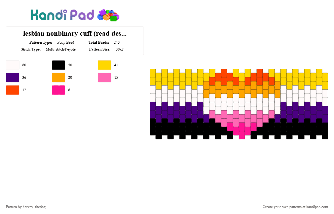 lesbian nonbinary cuff - Pony Bead Pattern by harvey_thedog on Kandi Pad - purple,yellow,lesbian,nonbinary,pride,cuff,heart,not mine originally