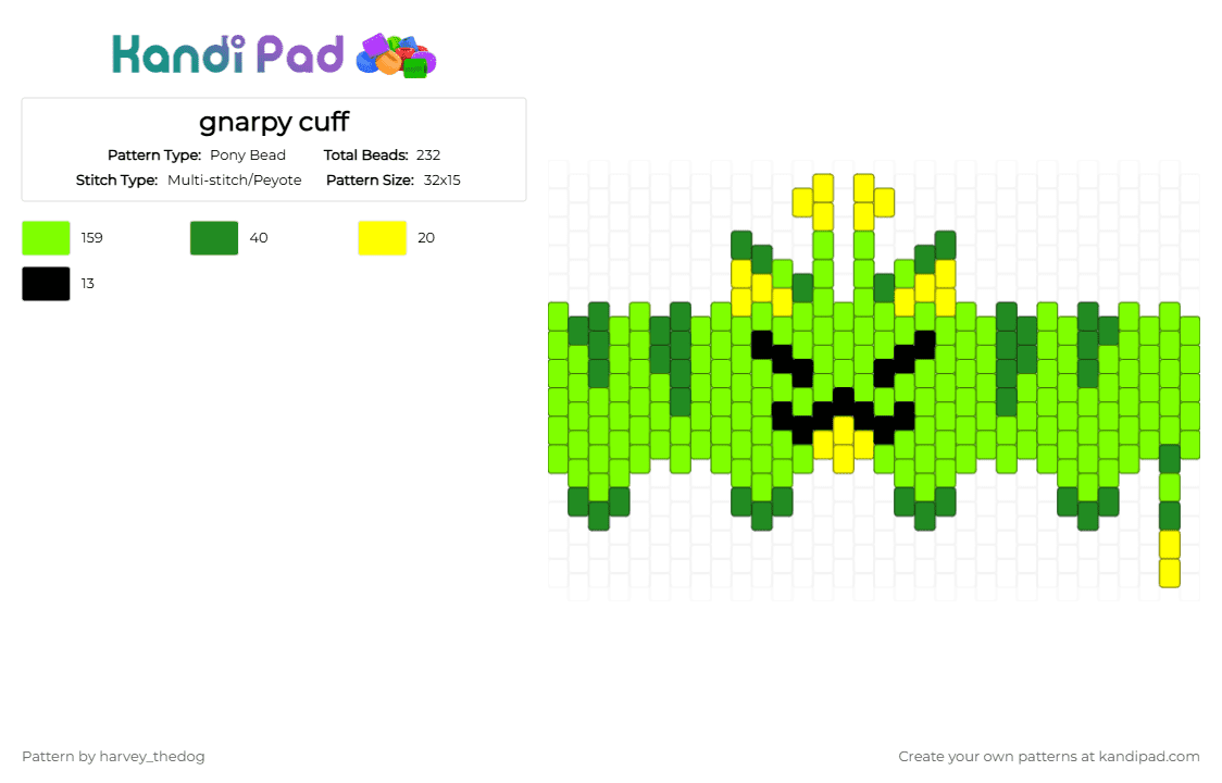 gnarpy cuff - Pony Bead Pattern by harvey_thedog on Kandi Pad - green,cat,kitty,kitten,gnarpy,yellow,cuff,furry