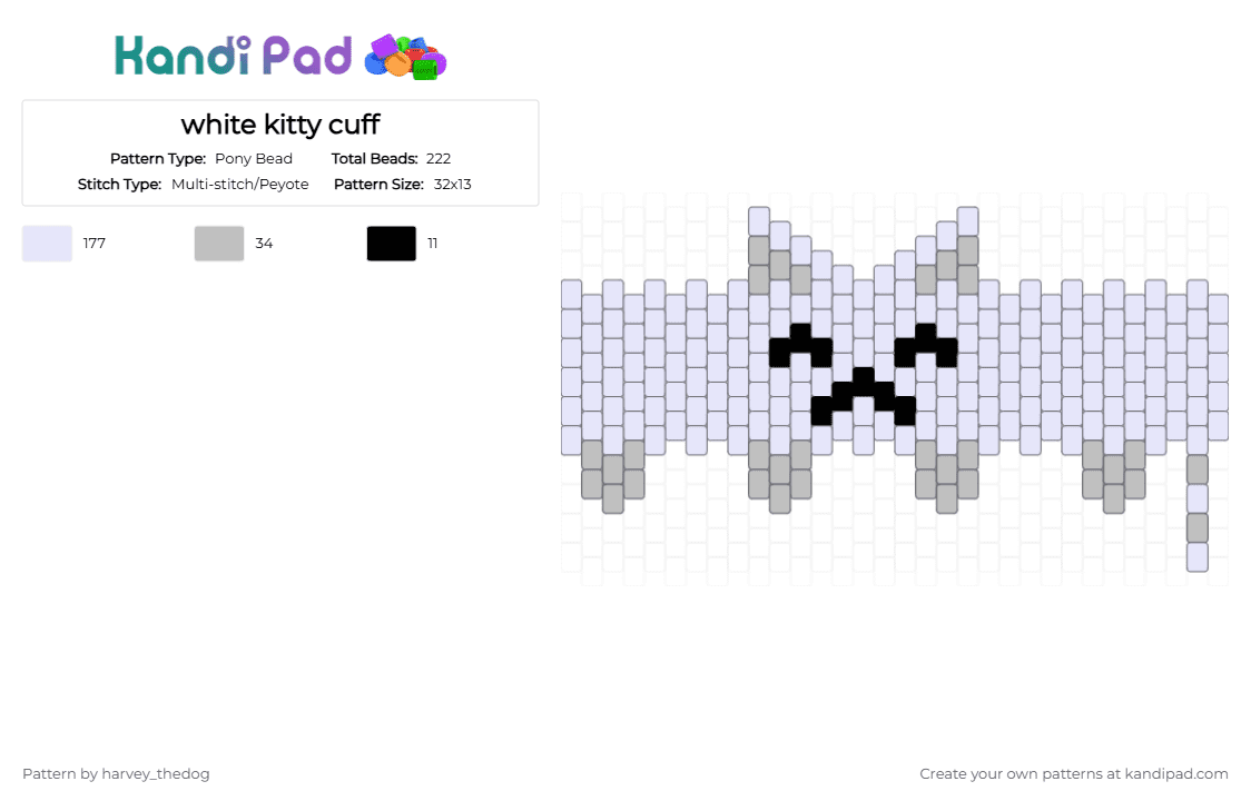 white kitty cuff - Pony Bead Pattern by harvey_thedog on Kandi Pad - white,cat,kitty,kitten,cuff,furry