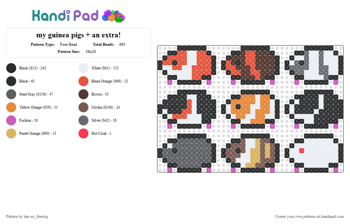 my guinea pigs + an extra! - Fuse Bead Pattern by harvey_thedog on Kandi Pad - black,red,gray,orange,guinea pig,guinea pigs,pet,pets,cute